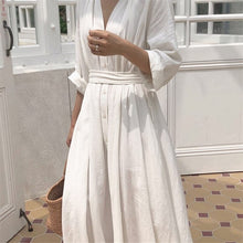 Load image into Gallery viewer, 2022 New Spring Autumn Casual Women White Cotton Dresses Solid Color A-LINE V-Neck Mid-Calf Office Lady Elegant Dress One Piece