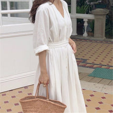 Load image into Gallery viewer, 2022 New Spring Autumn Casual Women White Cotton Dresses Solid Color A-LINE V-Neck Mid-Calf Office Lady Elegant Dress One Piece