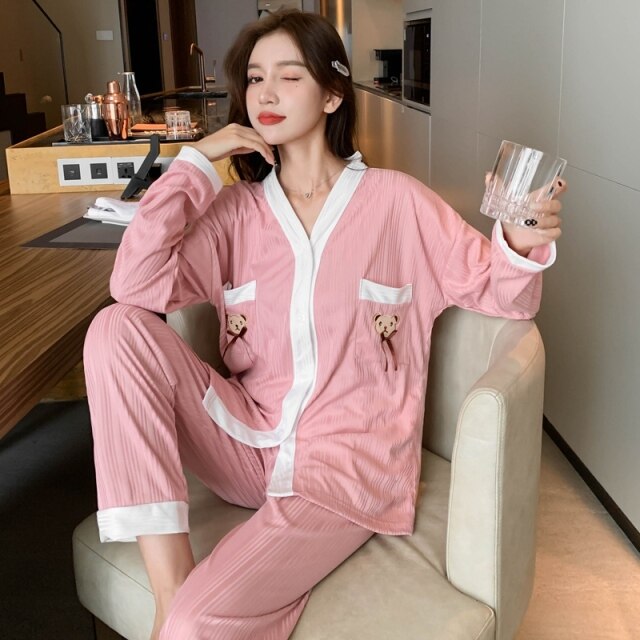 2022 New Spring Long Sleeve Cotton Pajama Sets for Women Korean Cute Cartoon Sleepwear Pyjama Homewear Pijama Mujer Home Clothes