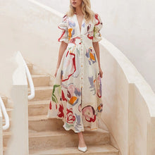 Load image into Gallery viewer, 2022 New Spring Summer Casual Women Dresses  V-Neck  A-LINE Puff Sleeve Printing Holiday Lady Dress Elegant Ankle-Length Dresses