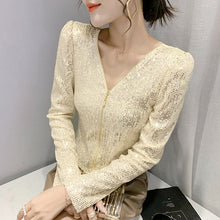 Load image into Gallery viewer, 2022 New Spring Women&#39;s T-Shirt Fashion Casual Sequined V-neck Long-Sleeved Mesh Tops Elegant Slim Plus Size Women Clothing