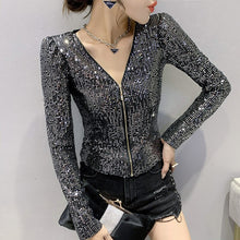 Load image into Gallery viewer, 2022 New Spring Women&#39;s T-Shirt Fashion Casual Sequined V-neck Long-Sleeved Mesh Tops Elegant Slim Plus Size Women Clothing