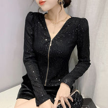 Load image into Gallery viewer, 2022 New Spring Women&#39;s T-Shirt Fashion Casual Sequined V-neck Long-Sleeved Mesh Tops Elegant Slim Plus Size Women Clothing