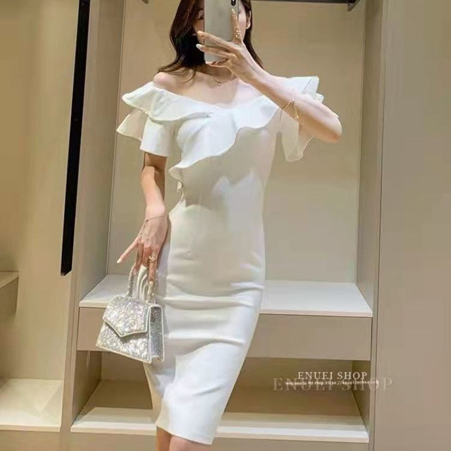 2022 New Summer Ruffles Sexy Slim Elegant Dress Women Club Celebrity Evening Runway fashion MIDI Party Dress