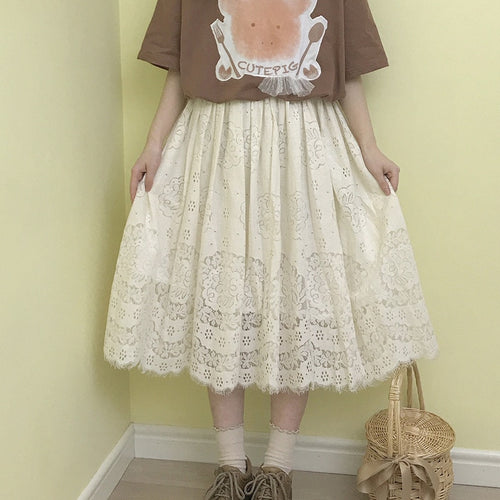 2022 New Sweet Vintage Lace Skirts for Women Hook Flower Skirt Fresh Teen Girls Spring Hollow Out Jupe Elegant Faldas Mujer
