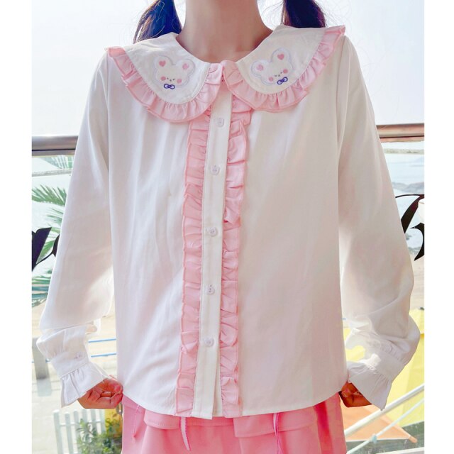 2022 New Teen Girls Rabbit Cute Blouses Spring Single Breasted Fresh Kawaii Tops Long Sleeve Fungus Edge Shirts Japanese Women