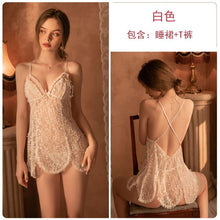 Load image into Gallery viewer, 2022 New Women Sexy Allure Hot Mesh Dot Perspective Backless Bow Petals Gauze Hollow Out Nightdresses Home Wear Two-piece Suit