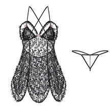 Load image into Gallery viewer, 2022 New Women Sexy Allure Hot Mesh Dot Perspective Backless Bow Petals Gauze Hollow Out Nightdresses Home Wear Two-piece Suit