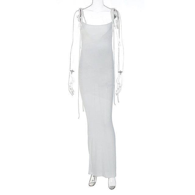 2022 Sexy Backless Bandage Maxi Dress Club Party Outfits for Women Summer Sleeveless Elegant White Straps Prom Dresses Casual