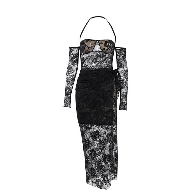 2022 Sexy Black Halter Elegant Lace Maxi Dress for Women Sleeveless Summer Club Party Dresses Outfits Clothes Vestidos