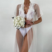 Load image into Gallery viewer, 2022 Sexy White Mesh See-through Robe Bra Thong 3Pcs Women Beach Bikini Dress Erotic Lingerie Nightgown Bathrobe Home Wear Suit