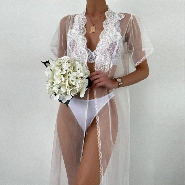 2022 Sexy White Mesh See-through Robe Bra Thong 3Pcs Women Beach Bikini Dress Erotic Lingerie Nightgown Bathrobe Home Wear Suit