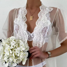 Load image into Gallery viewer, 2022 Sexy White Mesh See-through Robe Bra Thong 3Pcs Women Beach Bikini Dress Erotic Lingerie Nightgown Bathrobe Home Wear Suit