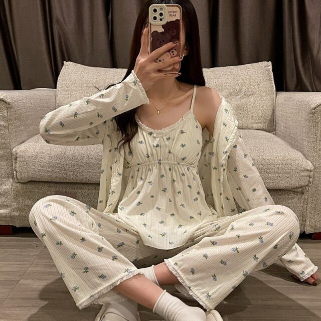 2022 Spring Autumn 3PCS Long Sleeve Cotton Pajama Sets For Women Korean Cute Sleepwear Suit Pyjama Homewear Pijama Mujer Clothes