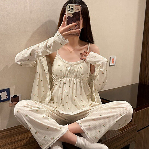 2022 Spring Autumn 3PCS Long Sleeve Cotton Pajama Sets For Women Korean Cute Sleepwear Suit Pyjama Homewear Pijama Mujer Clothes
