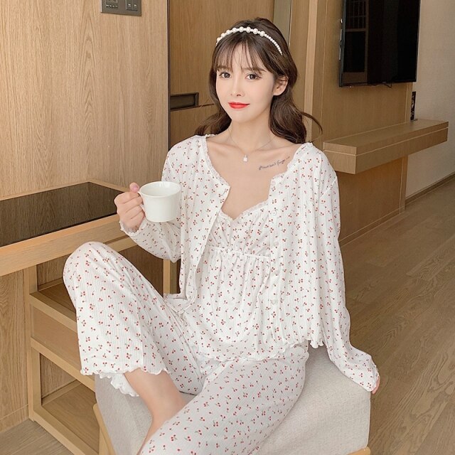 2022 Spring Autumn 3PCS Long Sleeve Cotton Pajama Sets For Women Korean Sexy Sleepwear Suit Pyjama Homewear Pijama Mujer Clothes