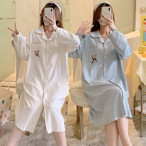 2022 Spring Autumn Long Sleeve Cotton Nightgowns for Women Loose Cardigan Sleepwear Night Dress Nightdress Homewear Home Nighty