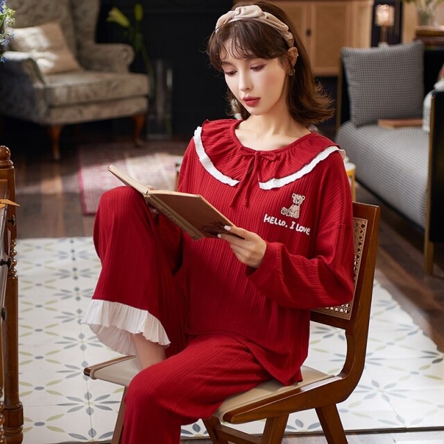 2022 Spring Autumn Long Sleeve Cotton Pajama Sets for Women Chinese Red Sleepwear Suit Pyjama Homewear Pijama Mujer Home Clothes