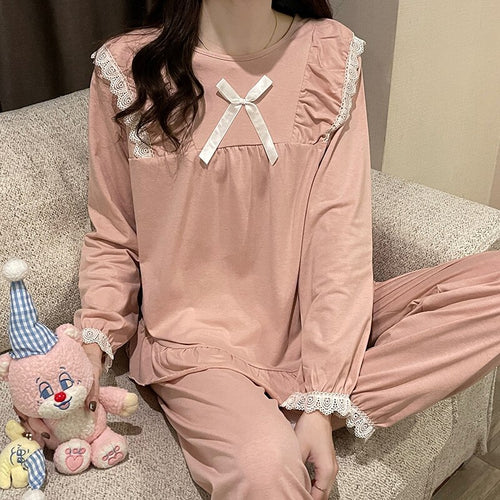 2022 Spring Autumn Long Sleeve Cotton Pajama Sets for Women Korean Cute Lace Sleepwear Suit Pyjama Homewear Pijama Mujer Clothes