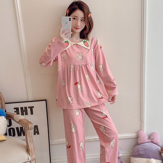2022 Spring Autumn Long Sleeve Cotton Pajama Sets for Women Korean Cute Sleepwear Suit Pyjama Homewear Pijama Mujer Home Clothes
