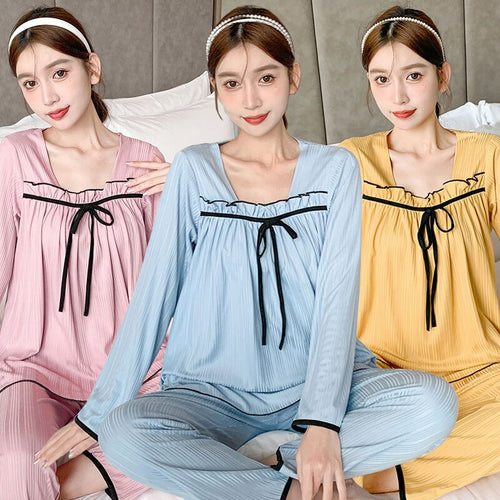 2022 Spring Autumn Long Sleeve Pajama Sets for Women Korean Cute Loose Sleepwear Suit Pyjamas Homewear Pijama Mujer Home Clothes