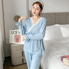 Load image into Gallery viewer, 2022 Spring Autumn Long Sleeve Sexy Lace V-neck Kimono Pajama Sets for Women Sleepwear Suit Pyjama Homewear Pijama Mujer Clothes