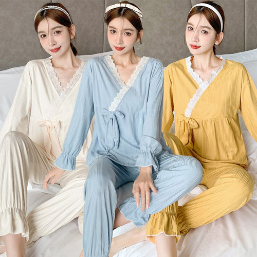 2022 Spring Autumn Long Sleeve Sexy Lace V-neck Kimono Pajama Sets for Women Sleepwear Suit Pyjama Homewear Pijama Mujer Clothes
