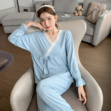 Load image into Gallery viewer, 2022 Spring Autumn Long Sleeve Sexy Lace V-neck Kimono Pajama Sets for Women Sleepwear Suit Pyjama Homewear Pijama Mujer Clothes