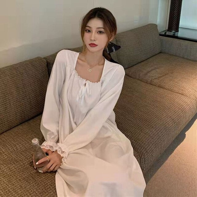 2022 Spring Autumn Sweet Princess Long Sleeve Nightgowns for Women Cute Lace Long Dress Sleepwear Night Dress Nightdress Nighty