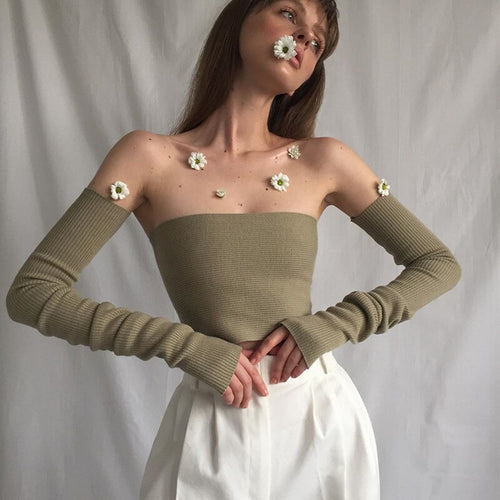 2022 Spring New Off Shoulder Green Knit Crop Tops for Women Tube Top With Sleeve Backless Tanks Cropped Feminino Top Streetwear