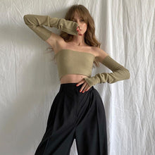 Load image into Gallery viewer, 2022 Spring New Off Shoulder Green Knit Crop Tops for Women Tube Top With Sleeve Backless Tanks Cropped Feminino Top Streetwear