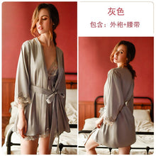 Load image into Gallery viewer, 2022 Spring New Women 8 Colors Thin Satin Robe Sexy Satin Lace Nightgown Simple Style V-neck Home Service Bathrobe Pajamas Set