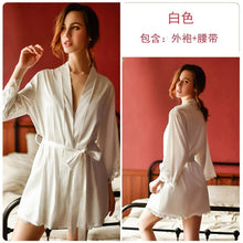 Load image into Gallery viewer, 2022 Spring New Women 8 Colors Thin Satin Robe Sexy Satin Lace Nightgown Simple Style V-neck Home Service Bathrobe Pajamas Set