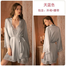 Load image into Gallery viewer, 2022 Spring New Women 8 Colors Thin Satin Robe Sexy Satin Lace Nightgown Simple Style V-neck Home Service Bathrobe Pajamas Set
