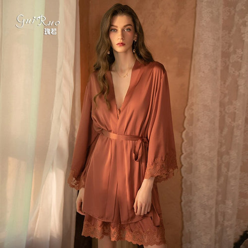 2022 Spring New Women 8 Colors Thin Satin Robe Sexy Satin Lace Nightgown Simple Style V-neck Home Service Bathrobe Pajamas Set