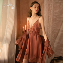 Load image into Gallery viewer, 2022 Spring New Women 8 Colors Thin Satin Robe Sexy Satin Lace Nightgown Simple Style V-neck Home Service Bathrobe Pajamas Set