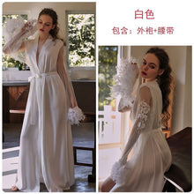 Load image into Gallery viewer, 2022 Spring New Women Elegant Satin Net Yarn Stitching Embroidery Sexy Lace-up Cuffs Robe Fairy Mesh and Feather Cuffs Homewear