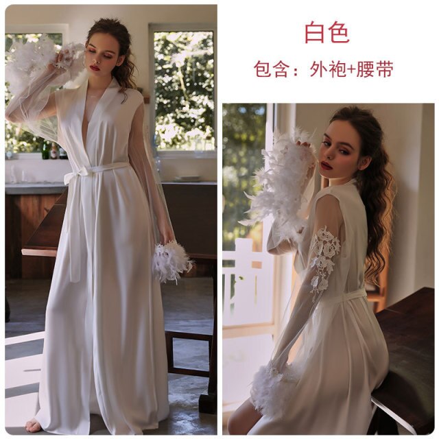 2022 Spring New Women Elegant Satin Net Yarn Stitching Embroidery Sexy Lace-up Cuffs Robe Fairy Mesh and Feather Cuffs Homewear