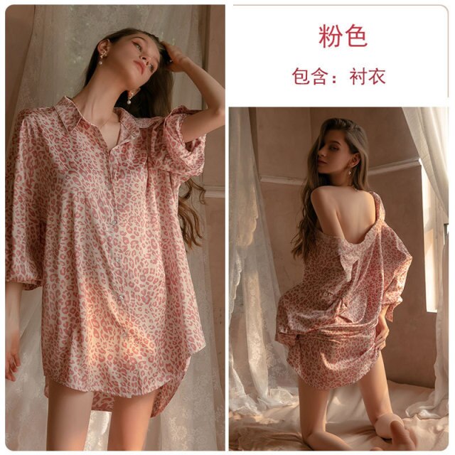 2022 Spring New Women Sexy Leopard Print Deep V Ice Silk Thin Shirt Women's Casual and Comfortable Middle Sleeve Home Nightdress