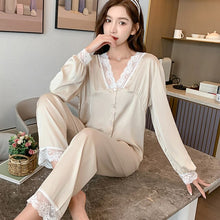 Load image into Gallery viewer, 2022 Spring Summer Long Sleeve Silk Satin Lace V-neck Pajama Sets for Women Sleepwear Suit Pyjamas Homewear Pijama Mujer Clothes