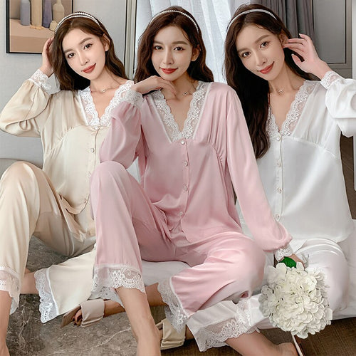 2022 Spring Summer Long Sleeve Silk Satin Lace V-neck Pajama Sets for Women Sleepwear Suit Pyjamas Homewear Pijama Mujer Clothes