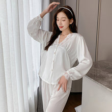Load image into Gallery viewer, 2022 Spring Summer Long Sleeve Silk Satin Lace V-neck Pajama Sets for Women Sleepwear Suit Pyjamas Homewear Pijama Mujer Clothes