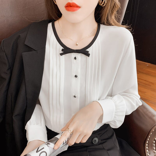 2022 Spring Women Chiffon Blouse Fashion O-Neck Long Sleeved Solid Color White Shirt Elegant Slim Office Lady Tops