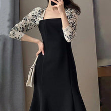 Load image into Gallery viewer, 2022 Spring Women Dress Floral Print Pleated Splicing Slim Elegant Square Collar Sexy Black Fashion Casual Dresses Korean Sweet