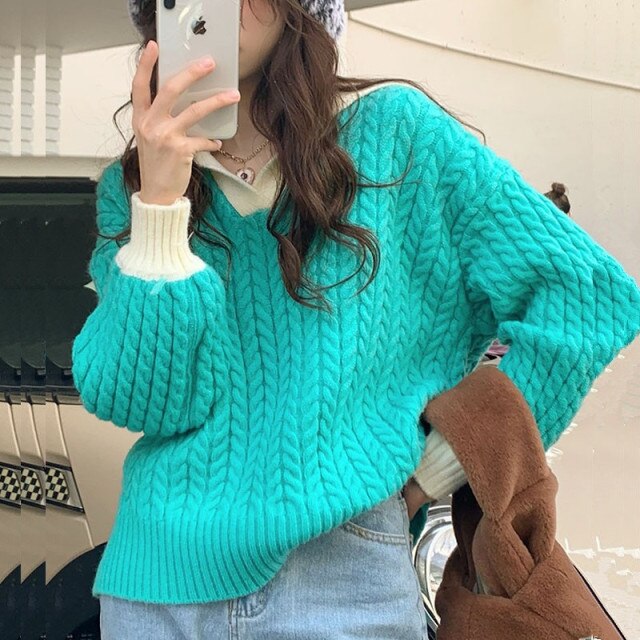 2022 Spring Women Lapel Contrast Color Soft Pullover Knitted Tops Jumper Loose Casual Pink Green Long Sleeve Knitwear Pull Femme