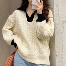 Load image into Gallery viewer, 2022 Spring Women Lapel Contrast Color Soft Pullover Knitted Tops Jumper Loose Casual Pink Green Long Sleeve Knitwear Pull Femme