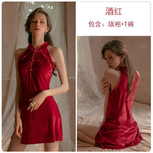 Load image into Gallery viewer, 2022 Spring Women Sexy Nightgowns 3 Colors Retro Velvet Buckle Side Split Cheongsam Uniform Erotic Lingerie Home Service Suit