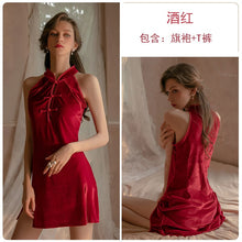 Load image into Gallery viewer, 2022 Spring Women Sexy Nightgowns 3 Colors Retro Velvet Buckle Side Split Cheongsam Uniform Erotic Lingerie Home Service Suit