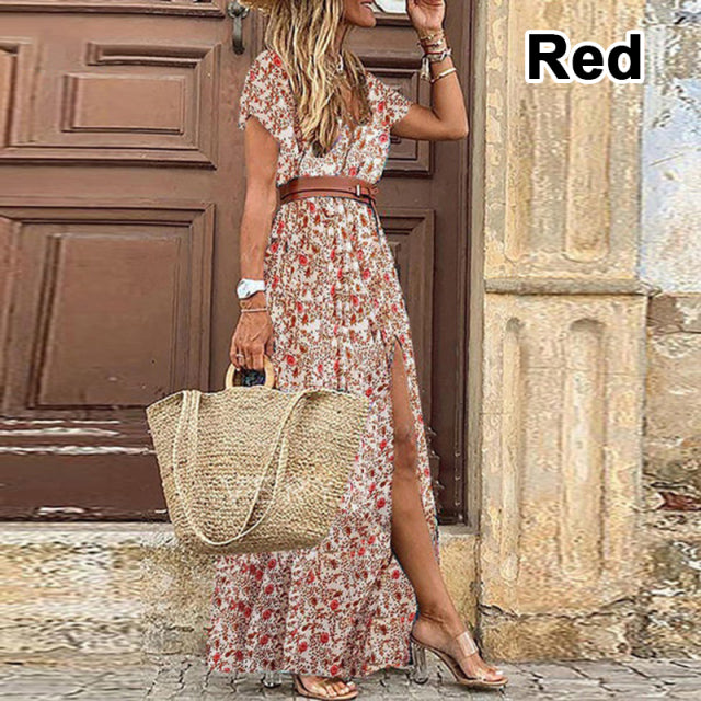 2022 Summer Boho Long Dress Women Casual Paisley Print Belt Maxi Dress Elegant V Neck Short Sleeve Women's Beach Dress Vestidos