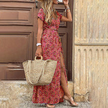 Load image into Gallery viewer, 2022 Summer Boho Long Dress Women Casual Paisley Print Belt Maxi Dress Elegant V Neck Short Sleeve Women&#39;s Beach Dress Vestidos